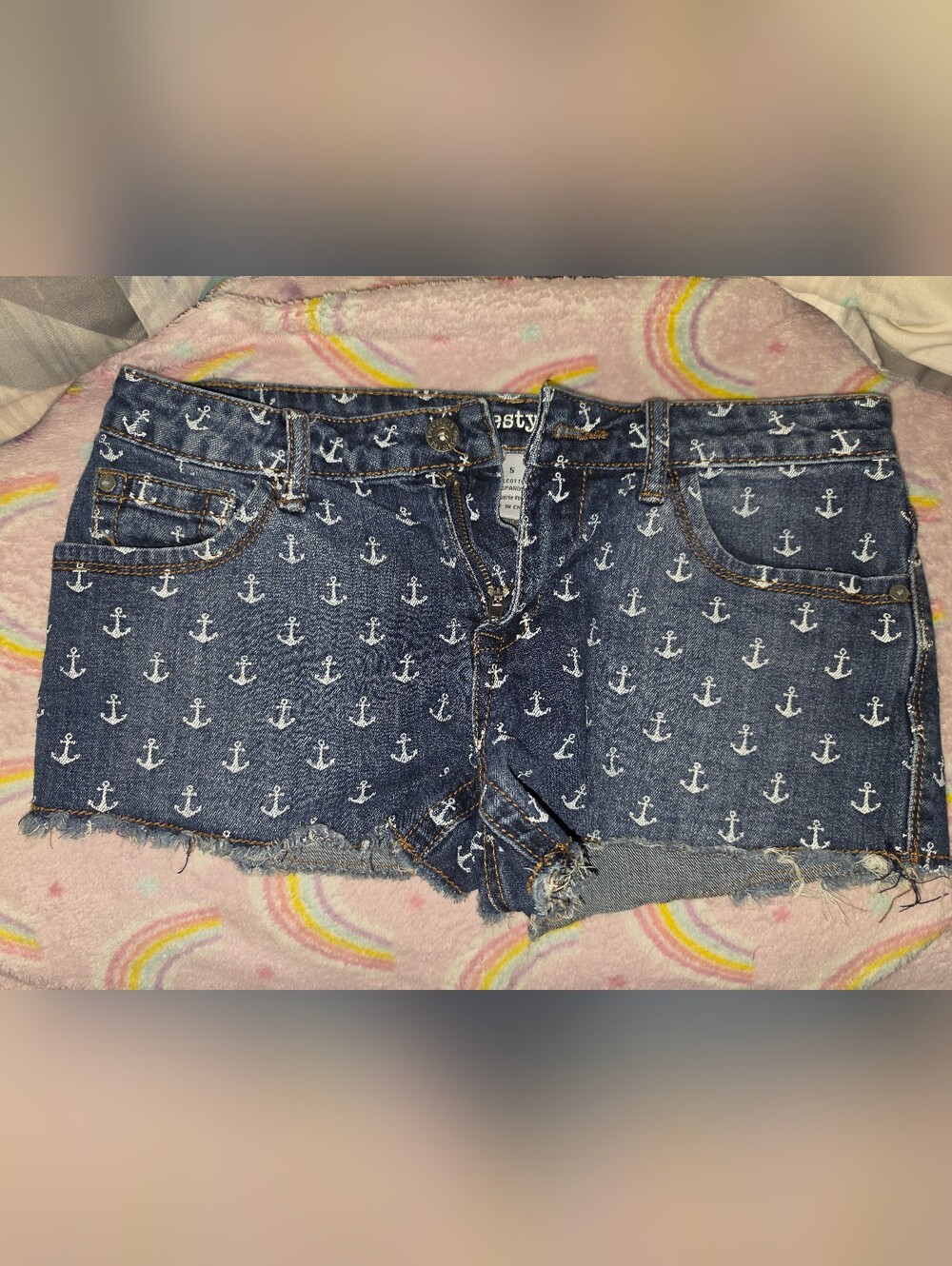 Denim Anchor Print Women's Cutoff Shorts - Navy Blue